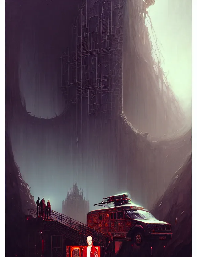 Image similar to detailed portrait, intricate complexity, by greg rutkowski, ross tran, conrad roset, takato yomamoto, ilya kuvshinov huge gothic crematorium on desert planet, elevator, side ramp entrance ambulance dead bodies, guards intricate, painting by lucian freud and mark brooks, bruce pennington, dark colors, neon, death, guards, nice style smoke