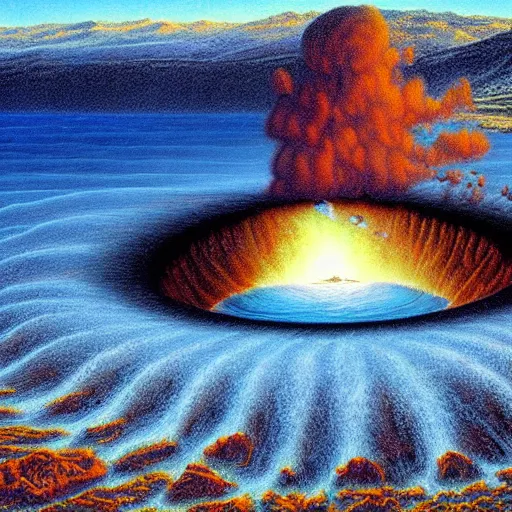 Image similar to a painting of a giant vortex hole in lake tahoe, a surrealist painting by Bob Eggleton, deviantart, nuclear art, apocalypse art, apocalypse landscape, hyper realism