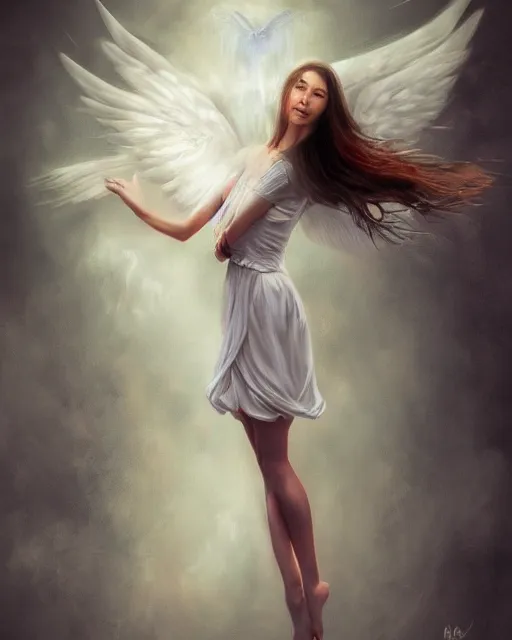 Prompt: woman turning into an angel levitating off the ground, by randy vargas, art station, smooth, focus