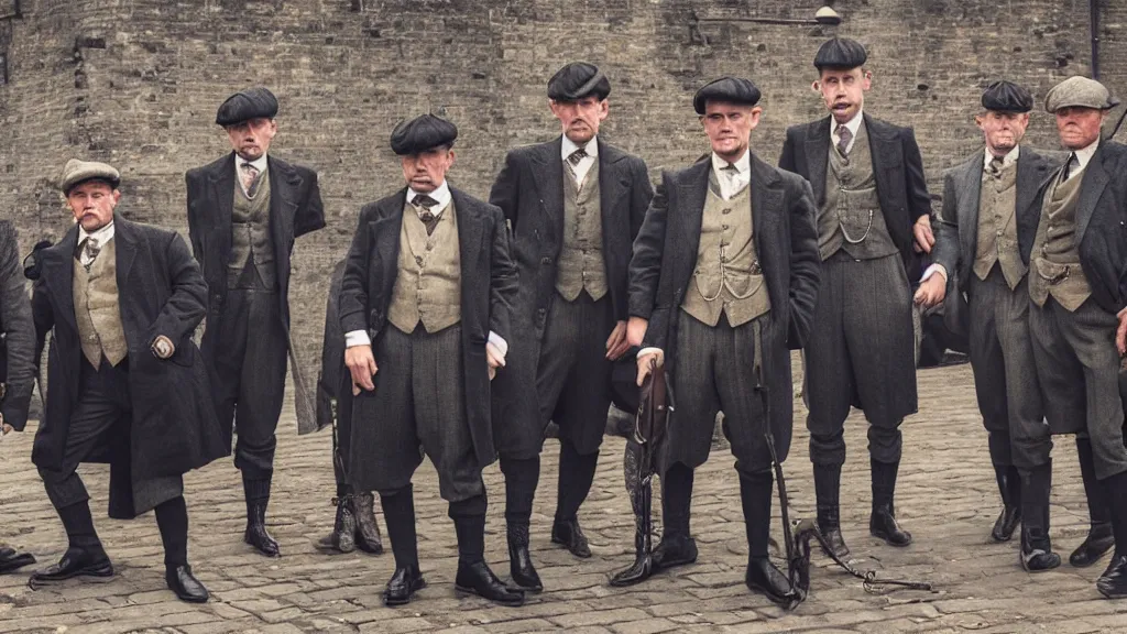 Image similar to a group of shrimps dressed like the peaky blinders