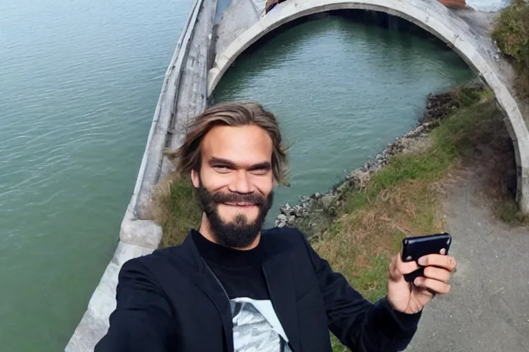 Image similar to pewdiepie taking a selfie at a bridge