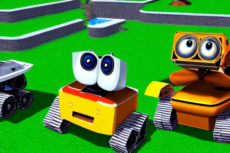 Prompt: wall - e in super mario 6 4, heavy detailed, ultra high definition quality, super mario 6 4 game engine graphics