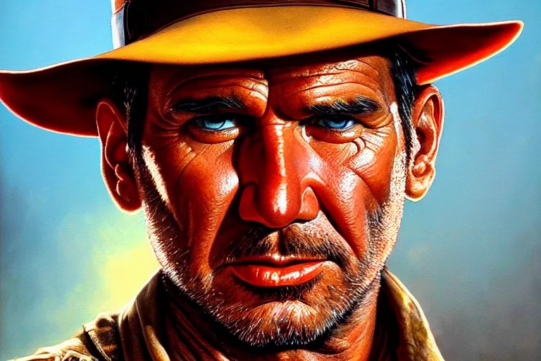 Image similar to hyperrealistic mixed media painting of Indiana Jones, perfect facial symmetry, dim volumetric lighting, 8k octane beautifully detailed render, post-processing, portrait, extremely hyper-detailed, intricate, epic composition, realistic eyes, cinematic lighting, masterpiece, trending on artstation, stunning, art by P. Craig Russell and Barry Windsor-Smith