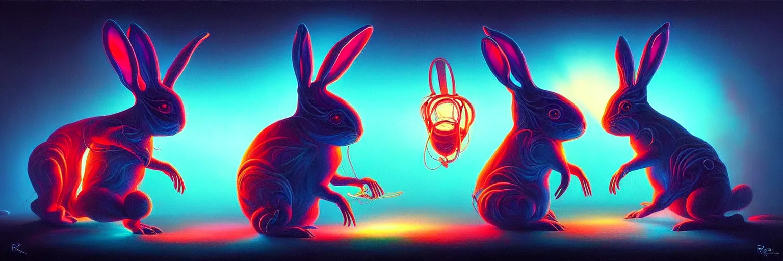 Image similar to strange alien bunny creatures from the depths of the collective unconscious, dramatic lighting, surreal darkly colorful painting by ronny khalil