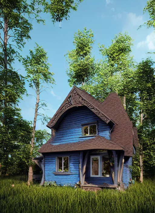 Prompt: hyper realistic homely ornate modern witch cottage far awqyb in the woods gorgeous lighting, blue sky, highly detailed, lush forest architectural render, octane render, ue 5 raytraced