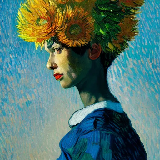 Image similar to giant flower head, woman in a luxury apartment, surreal, dramatic light, impressionist painting, digital painting, artstation, van gogh