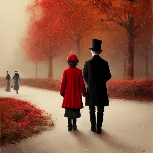 Image similar to a highly detailed epic cinematic concept art, a thin man in a black coat and bowler hat talks with small young girl who is dressed in a red coat and a red hat, park, autumn, 1923, wide angle, high detail, in style of Greg Rutkowski, width 768