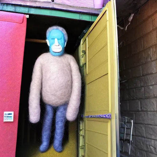 Image similar to photo of a larger than life sized needle - felted 2 0 0 year old wrinkly man covered in warts and skin tags sitting behind a needle felted dumpster in a needle felted alley way with low light and dark shadows