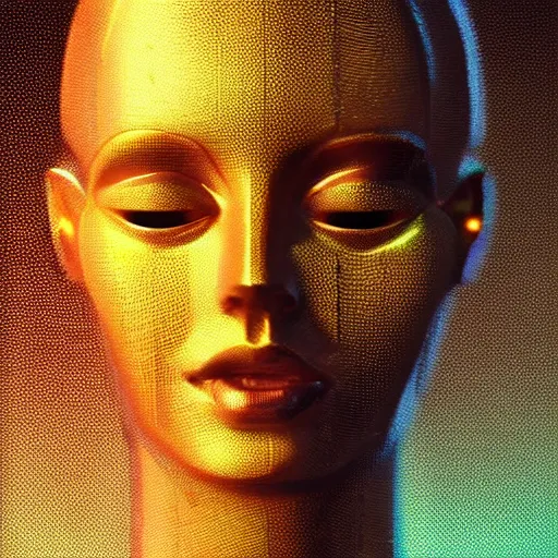 Prompt: an intricate, detailed face of an android, golden translucent skin with water drops on it, dramatic sunset lighting, synthwave colours, trending on artstation, art nouveau