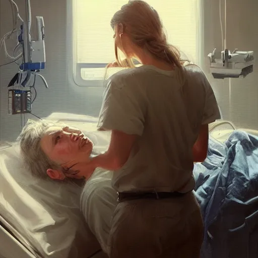 Image similar to epic masterpiece of cinematographic hyperrealism where a robot appears attending to a patient in the hospital. realistic shaded lighting poster by craig mallismo, artgerm, jeremy lipkin and michael garmash, unreal engine, radiant light, detailed and intricate environment, digital art, art station trends