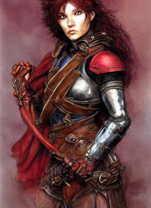 Image similar to portrait of strong female ranger, beautiful! coherent! dungeons and dragons character, by brian froud, strong line, deep color, leather armor, short red hair, high contrast