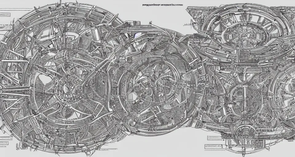 Prompt: extremely technical and detailed blueprint with precise technical details and complex diagrams. engineering diagrams, center frame, intricate details, ultra-detailed, baroque style, illustration, desaturated, concept art