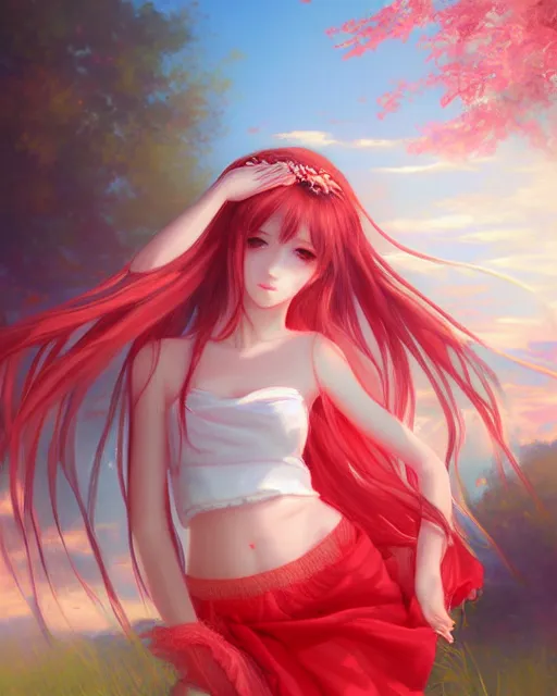 Image similar to the goddess of summer, bust head, red gauze skirt, dreamy, beautiful, by wlop