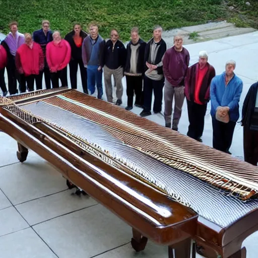 Image similar to the world's longest piano with a group of men standing next to it showing its size.