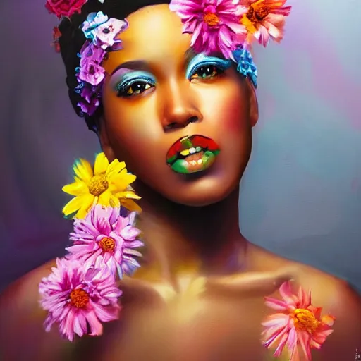 Image similar to super realistic painting of a black woman combined with flowers, colorful, highly detailed, 4k, trending on artstation