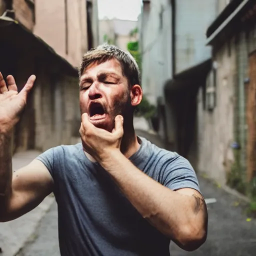 Prompt: a photo taken in an alleyway of a man crying while holding an apple