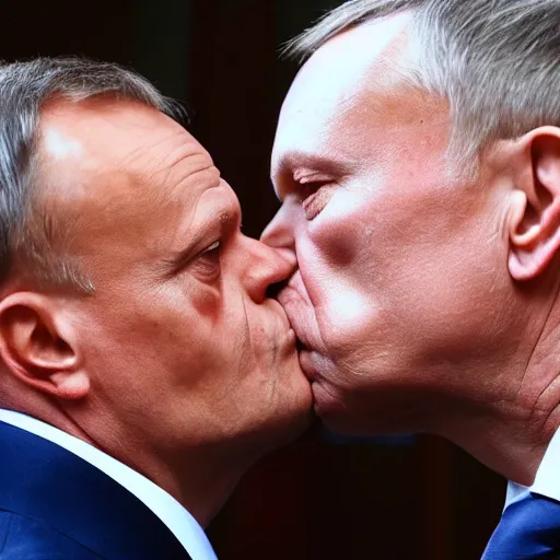 Image similar to a wedding photo of Donald Tusk and Jaroslaw Kaczynski kissing each other, high quality