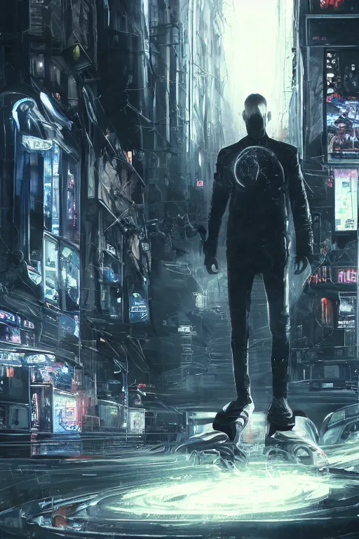 Prompt: in the foreground a Parisian street, in the background a dark-haired man from behind playing with swirls of black energy coming out of his hands wearing a long matrix-style jacket, realistic, high definition, many details, dramatic scene, detailed hands and realistic, symmetrical face, realistic eyes, cyberpunk art 2077