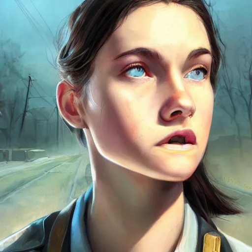 Image similar to portrait of a brunette thin teenager girl with blue eyes wearing school uniform in fallout, light stubble, digital art,photorealistoc,art by greg rutkowski,hyperdetailed,western comic style,comic,comic style,sharp lineart,professional lighting,deviantart,artstation,trevor henderson,rossdtaws,cinematic,dramatic