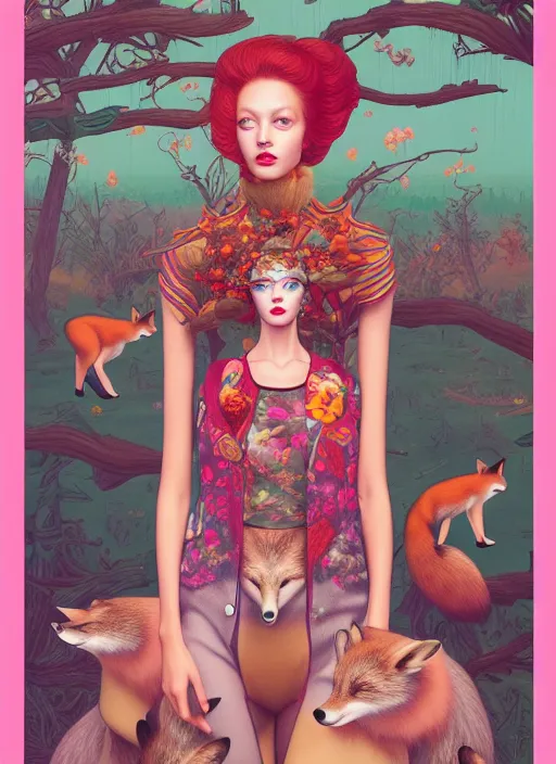 Image similar to pretty model with foxes : : by martine johanna and simon stalenhag and chie yoshii and casey weldon and wlop : : ornate, dynamic, particulate, rich colors, intricate, elegant, highly detailed, vogue, harper's bazaar art, fashion magazine, smooth, sharp focus, 8 k, octane render,