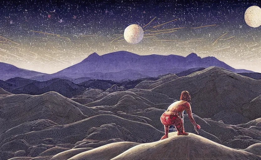 Prompt: mountains, stars and paisley filled sky, artstation, intricate, highly detailed, digital painting, concept art, sharp focus, illustration by Piero della Francesca and Yoshitaka Amano