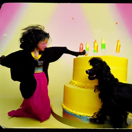 Prompt: dark angel throwing a yellow - pink - black birthday cake from the clouds onto a woman with two dogs, kodak film