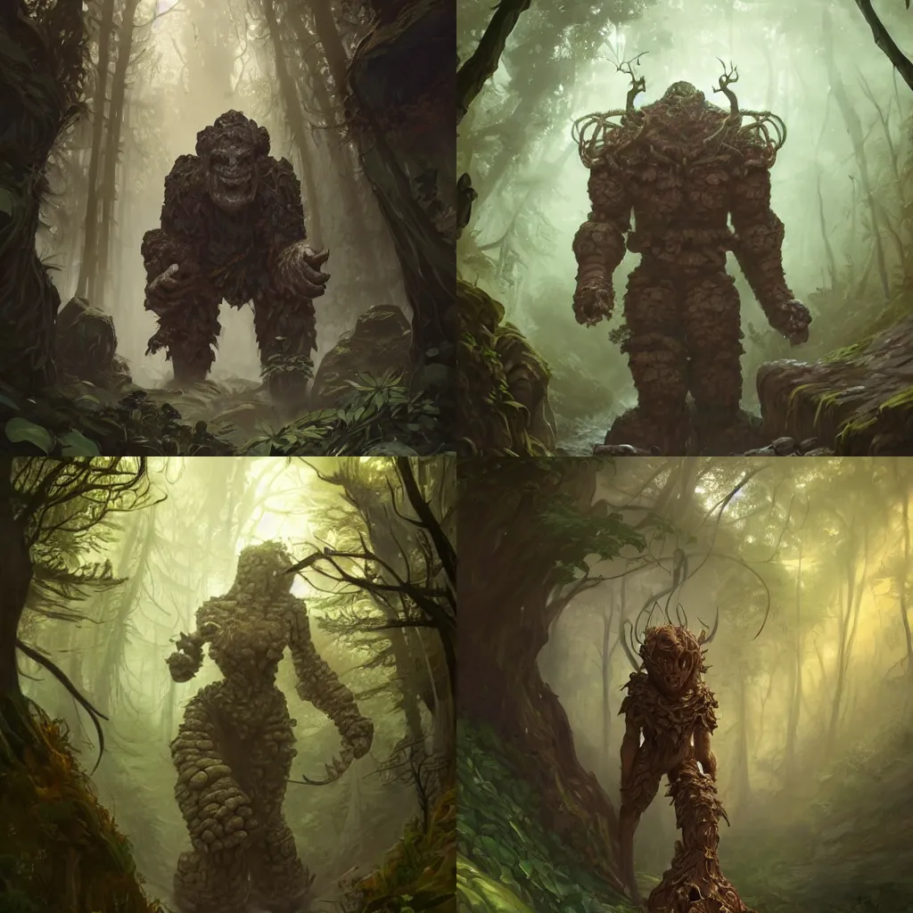 Prompt: a ferocious stone golem in a mysterious forest, D&D, fantasy, intricate, elegant, highly detailed, digital painting, artstation, concept art, matte, sharp focus, illustration, hearthstone, art by Artgerm and Greg Rutkowski and Alphonse Mucha