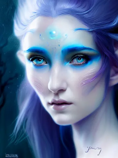 Prompt: the elven queen with blue skin by james jean, charlie bowater, tom bagshaw, nikolay makovsky, melanie delon : : enchanting, ethereal, magical, glowing, sparkle, prismatic, portrait, character design, illustration, hyperrealism, photorealism, digital art, concept art, fantasy, whimsy, weta, wlop, artstation