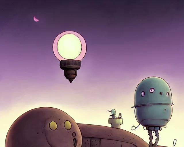 Prompt: a cell shaded cartoon grey lovecraftian mechanized lightbulb from howl's moving castle ( 2 0 0 4 ), with a big head, on a desert road, wide shot, in front of a big moon, muted colors, post grunge, josan gonzales, wlop, by james jean, victor ngai, hq, deviantart, art by artgem