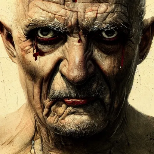 Image similar to close-up, symmetrical, portrait of an old man, bruised, scarred, marvel art, art by greg rutkowski, matte painting, trending on artstation