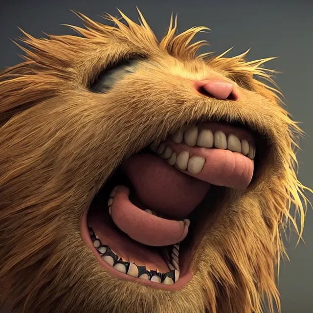 Image similar to perfectly centered portrait, happy hairy monster laughing, candid photography, by anne stokes, highly detailed, unreal engine 5