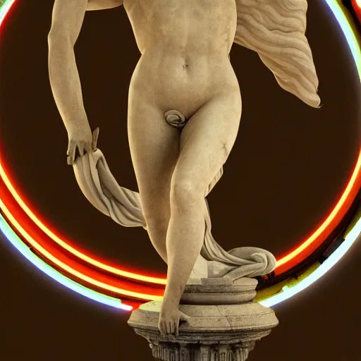 Prompt: a renaissance statue on a neon ring background, ray tracing, 3 d render, 8 k resolution, shar focus, hyper detailed, hyper realistic