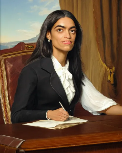 Image similar to close - up portrait of the united states president, alexandria ocasio - cortez, standing at the resolute desk, 1 8 4 8, attractive, oil on canvas by william sidney mount, trending on artstation, national archives