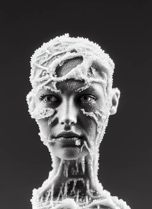 Image similar to a young female cyborg bust made of ice and fire and mud, dramatic, ilford hp 5, closeup - view, f / 2. 8, high contrast, 1 6 k, fluorescent lamp, contre - jour, insanely detailed and intricate, hypermaximalist, elegant, ornate, hyper realistic, super detailed