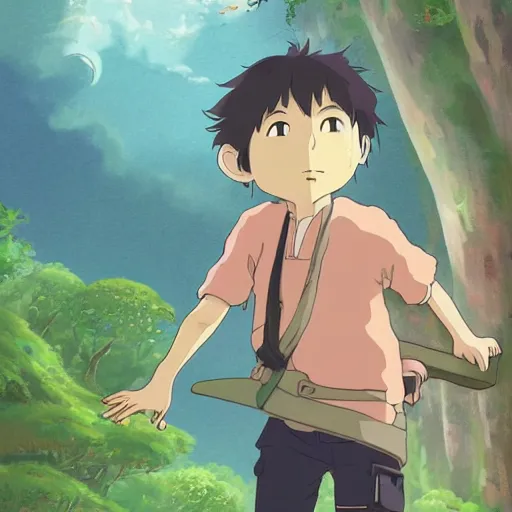 Image similar to friendly guy and small creature , with Fragile looking character portrait face made in Studio Ghibli artstyle ,highly detailed art, beautiful scene, sharp focus, smooth, 8k, anime art, fantasy, style in ghibli anime style, fantasy, island, forest with animals 8k