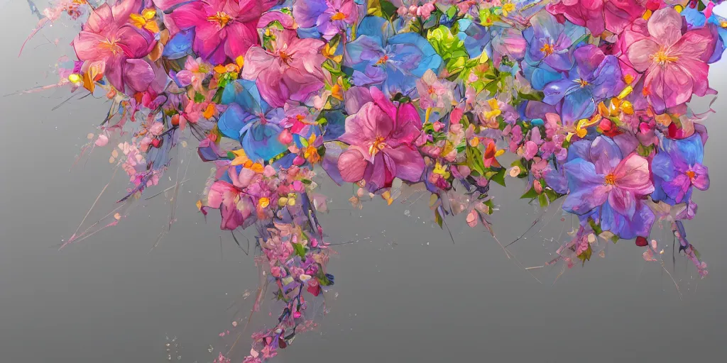 Image similar to loral design with a fine structure and flowing colors and blossoms. high details, artstation trending