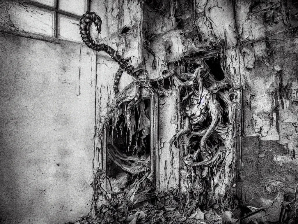 Image similar to mutant hunchback creature lurking in the corner of a room in an abandoned building, color photograph, realistic, dirty windows, debris, tentacle beast, dust, bleak apocalyptic style, creepypasta, ominous vibe, sharp fangs