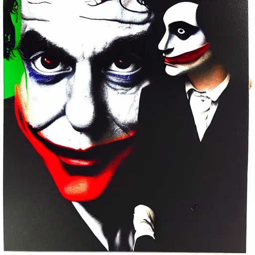 Image similar to richard hamilton and mimmo rottela and banksy as joaquin phoenix skinny joker holding hand lady gaga harley queen, ultra photorealistic, intricate details, pop art style, concept art, ultrarealistic, 3 colors, 4 d, smooth, sharp focus