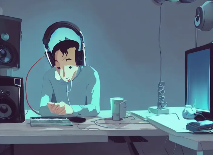 Image similar to man with headphones at his home studio producing music late at night, very detailed, 4 k, cory loftis, james gilleard, atey ghailan, makoto shinkai, goro fujita, studio ghibli, rim light, exquisite lighting, clear focus, very coherent
