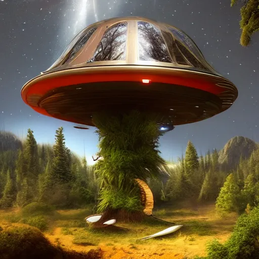 Prompt: fancy futuristic ufo shaped treehouse in alien forest with craters and mountains ultra realistic 8K magical realism detailed painting