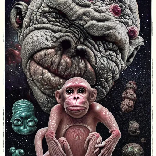 Image similar to measles on a deformed hideous pustule covered monkey, sores, bumps, skin wounds, surface hives, growths, horror, fantasy, highly detailed, by Dan Hillier, ooze, slime, in background nebula of bacteriophages