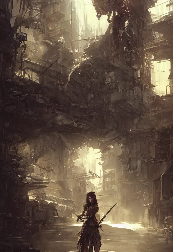 Image similar to Beautiful science fiction warrior princess, set in post apocalyptic Tokyo alleyway, glorious sunlight and shadows, D&D, fantasy, highly detailed, digital painting, artstation, concept art, sharp focus, illustration, in style of Frank Frazetta and Luis Royo and WLOP and Greg Rutkowski