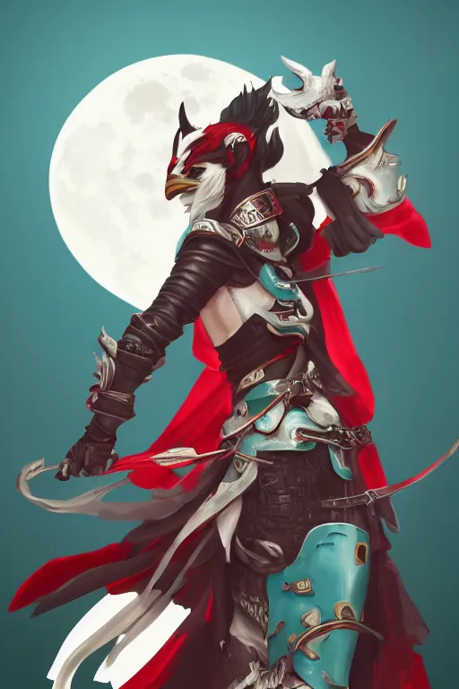 Image similar to female adventurer in tight full - body teal leather armor of japanese design with red accents and a white porcelain crow mask, trending in artstation, japanese, artstation, big moon in the background, establishing shot