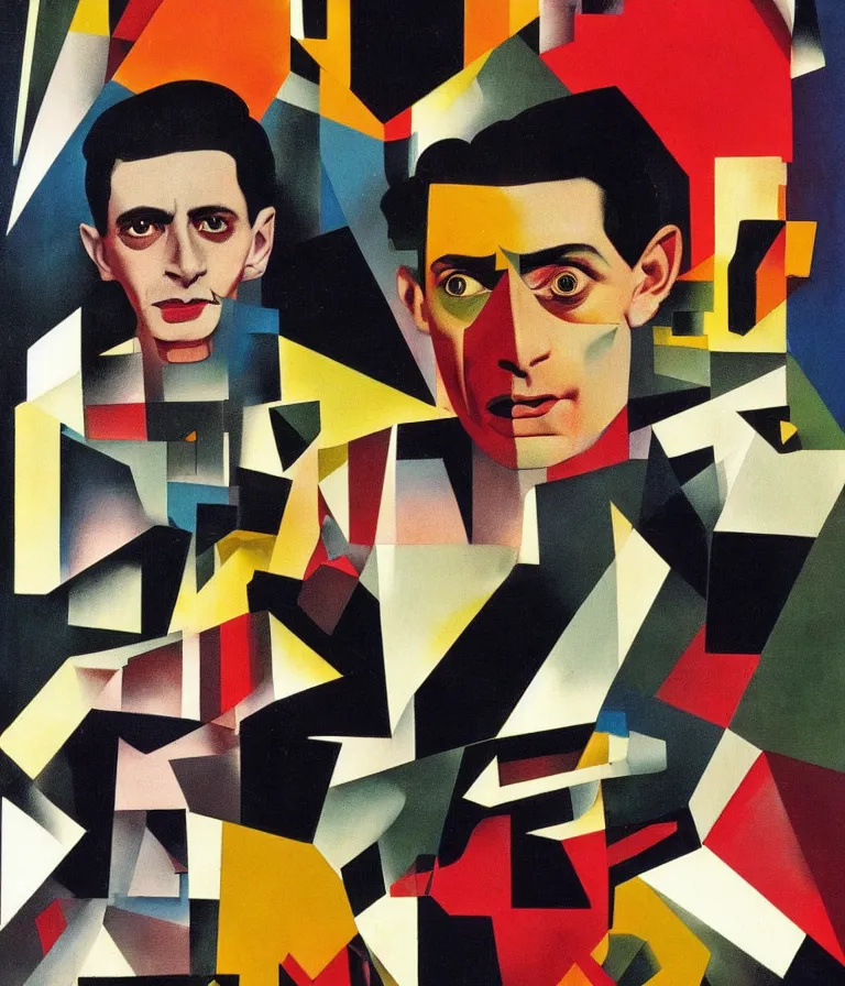 Image similar to Beautiful colorful Bauhaus Action Movie Poster made for the film Franz Kafka's Brutal Reckoning (1997) Starring Steve Buscemi, minimalist gouache and ink and photo collage by Man Ray and Diane Arbus, Vivid color trending on artstation Cinematic lighting bauhaus collage!! 8k