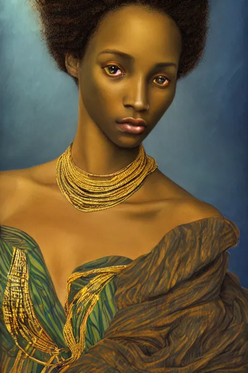 Image similar to Portrait of a Beautiful African female, sad green eyes, beautiful skin, elegant, jewellery, digital painting, Pre-Raphaelites, highly detailed, concept art, smooth, sharp focus, gold and indigo, illustration, art by Klimt .