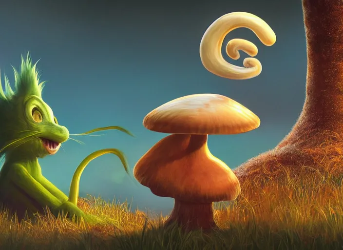 Image similar to a cute dr seuss creature sitting next to a mushroom, golden hour, fantasy, sharp focus, digital art, hyper realistic, 4 k, unreal engine, highly detailed, hd, dramatic lighting by brom, trending on artstation