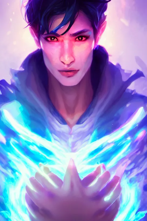 Image similar to a human elemental sorcerer, blurred environment background, colorful magic effects, white skin, portrait, male, clothed, sharp focus, digital art, concept art, trending on artstation, dynamic lighting, by emylie boivin and rossdraws