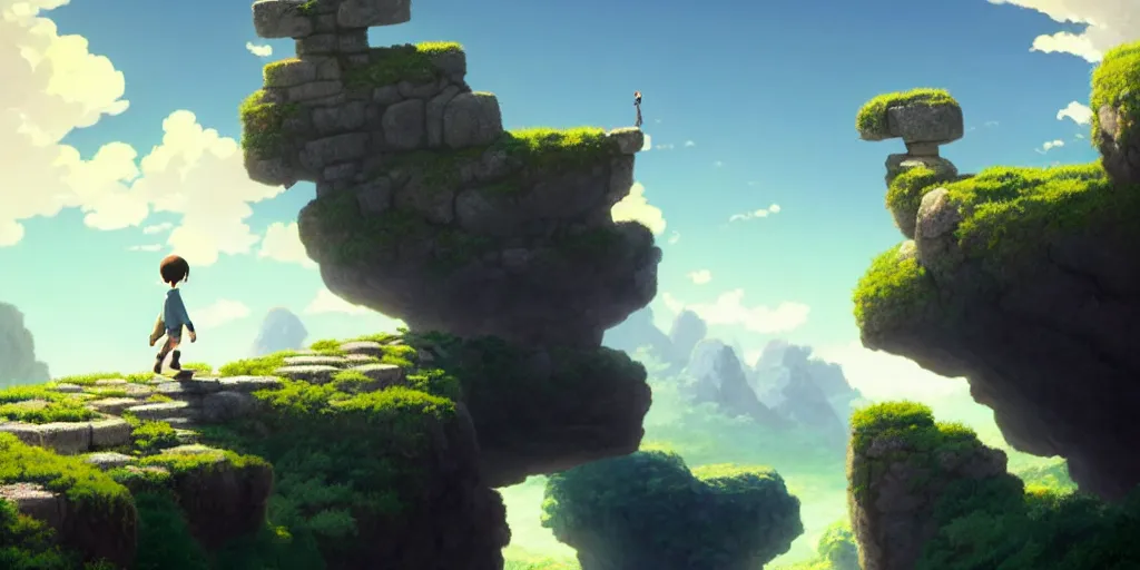 Image similar to a small boy walking over big stone blocks, just over the precipice, studio ghibli, pixar and disney animation, sharp, rendered in unreal engine 5, anime key art by greg rutkowski, bloom, dramatic lighting