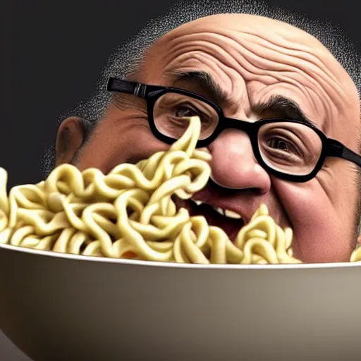 Image similar to hyperrealistic mixed media high resolution image of Danny DeVito screaming at a bowl of noodles, stunning 3d render inspired art by István Sándorfi and Greg Rutkowski and Unreal Engine, perfect symmetry, dim volumetric lighting, 8k octane beautifully detailed render, post-processing, extremely hyper-detailed, intricate, epic composition, highly detailed attributes, highly detailed atmosphere, full body shot, cinematic lighting, masterpiece, trending on artstation, very very detailed, masterpiece, stunning, flawless structure, lifelike texture, perfection,