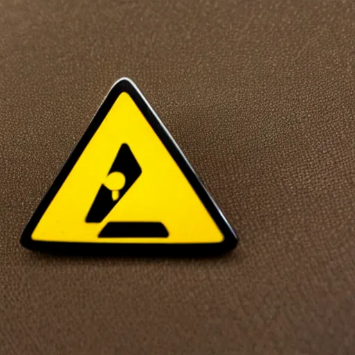 Prompt: a diamond enamel pin depicting a caution hazard label, smooth curves